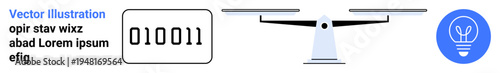 Technology, ideas, innovation, data balance, knowledge, weighing decisions. Binary code, balance scale and light bulb icon displayed. Technology and innovation concepts