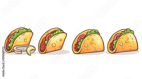 Four illustrated tacos lined up, each filled with lettuce and tomatoes