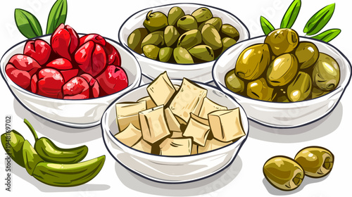 Colorful assortment of appetizers in white bowls with green accents, cartoon style