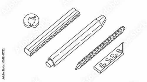 Line drawing of tools, including a ruler, cylindrical object, and a disc with a shape cut out