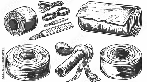 Engraved image with art supplies rolls, scissors, brush, tubes and a strip
