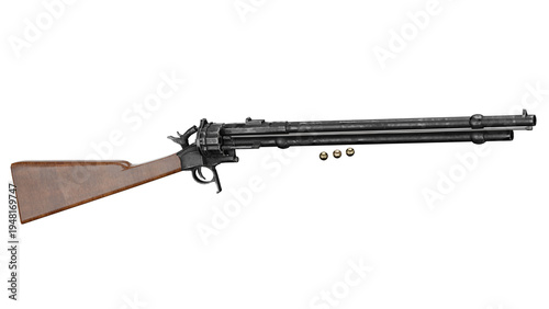 Revolver carbine displayed in 3D rendering with bullets