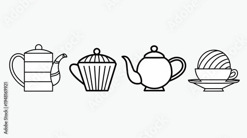 Line art Tea set w/ square kettle, ridged pot, round kettle, teacup on saucer