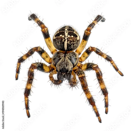 Obraz Top-down view of a hairy, striped spider with large eyes, isolated on white