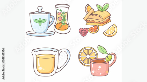Cute cartoon clip art showing four drinks and treats on a white background