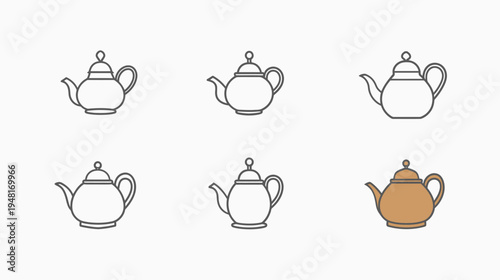 Six teapot icons on a white background, five are outline, one is colored brown