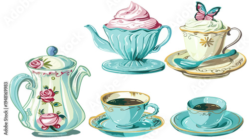 Watercolor illustration of antique teapots and cups with embellishments and butterfly