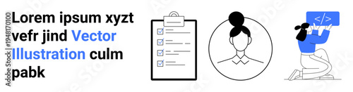 Organization, profile management, coding education, task planning, workflow optimization, software development. Minimal elements including checklist, profile and coding icon. Organization and coding
