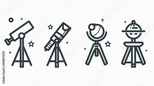 Four various styles of telescope vectors on stands isolated on a white background