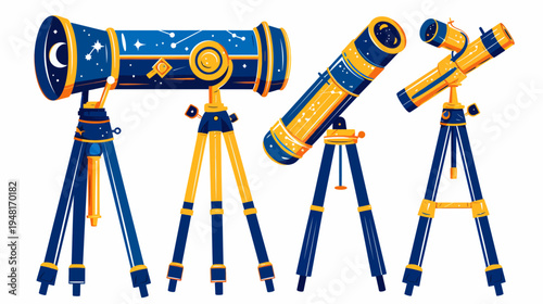 Graphic illustration of stylized telescopes on stands, blue and gold, against white