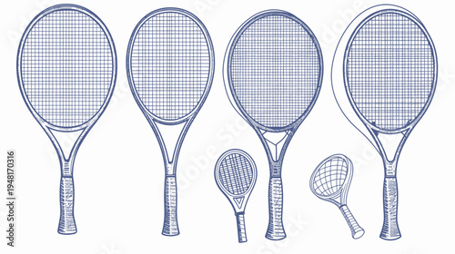 Graphic illustration of blue tennis rackets in various sizes on a white background