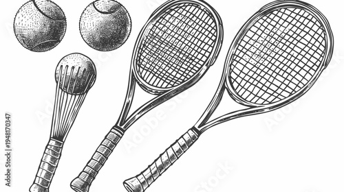 Etched image of tennis balls, and racquets, showcasing detailed crosshatch