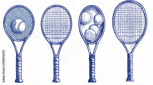 Four sketched tennis rackets; one has a ball, another three balls, navy ink on white background