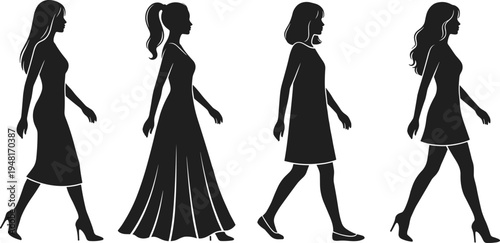 Elegant women walking silhouettes collection with stylish dresses and high heels female fashion model figures isolated minimal design set