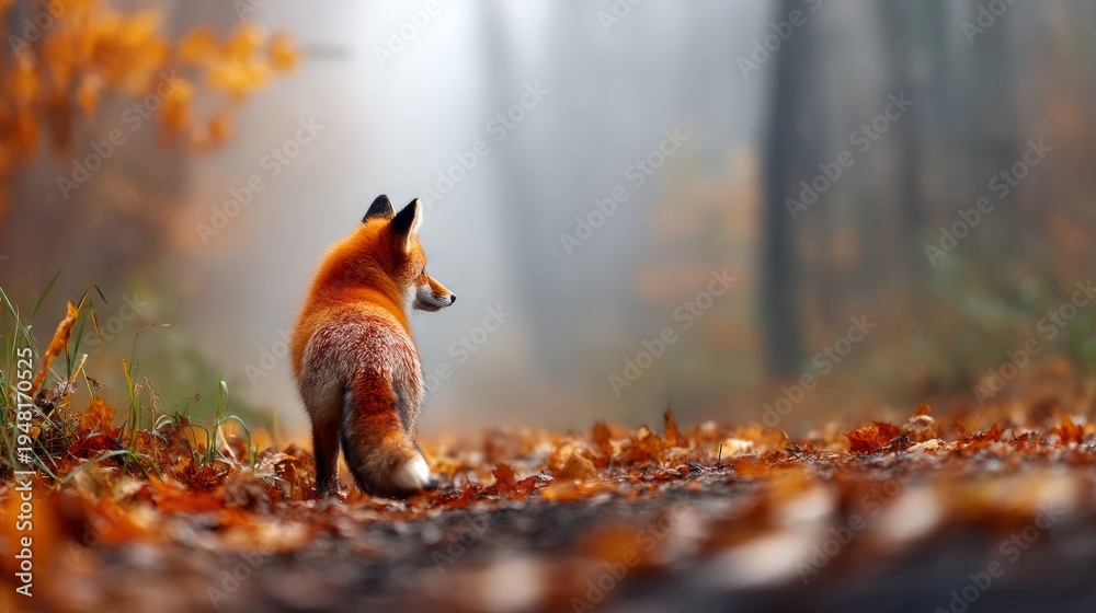 Naklejka premium Fox in Foggy Autumn Forest Surrounded by Warm Orange Leaves