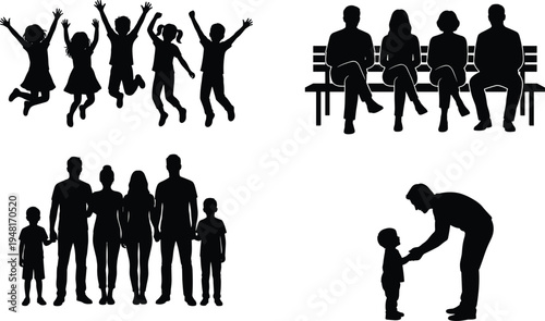 Family life silhouettes set with happy jumping children, parents sitting on bench, parent helping child walk, and full family group isolated