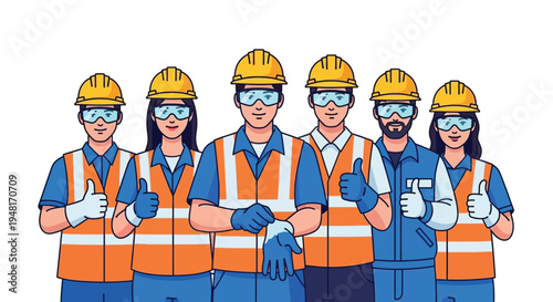 Diverse construction workers wearing safety gear give thumbs up gestures