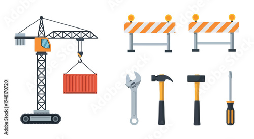 Construction equipment and tools a tower crane barriers and hand tools