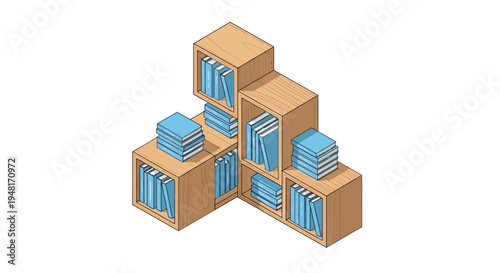 Isometric illustration of wooden bookshelves filled with blue books