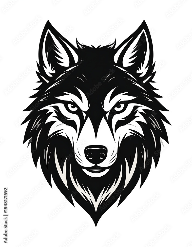 Fototapeta Detailed black & white stylized wolf head. Bold, graphic lines. Staring expression