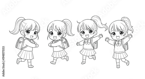 Four adorable chibi girls with backpacks in various poses