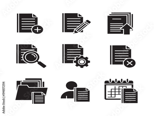 Engaging content management icons with organized and structured silhouette designs