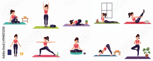 Set of Flat Style Woman Doing Yoga Poses at Home Illustration