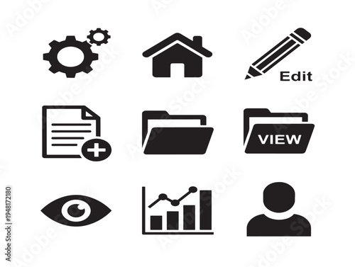 Professional CMS dashboard icons with sleek content management silhouette designs