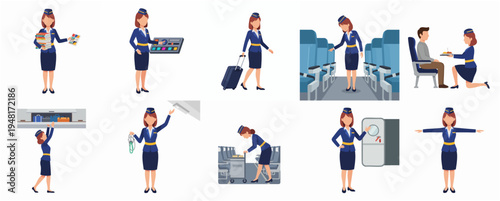 Set of Flat Illustrations Beautiful Stewardess Character in Different Poses and Activities