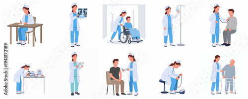 Flat Various Medical Scenarios Illustration of Doctor and Patient Characters