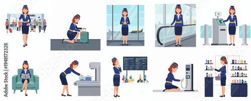 Flat Illustration Air Hostess Activity Character Design in Airport Terminal