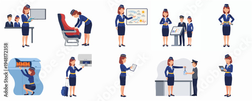 Flat Illustration Air Hostess In Various Poses Service Professions Set