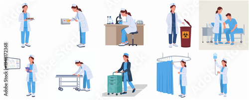 Flat Illustration Set of Nurse Activities in Hospital and Healthcare Professions