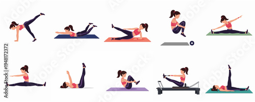 Flat Design Female Doing Different Pilates Exercise Poses Illustration Set