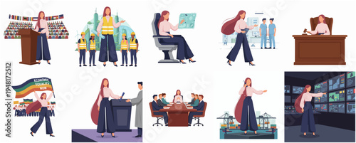 Flat Style Diverse Business Woman in Different Profession Career Illustration