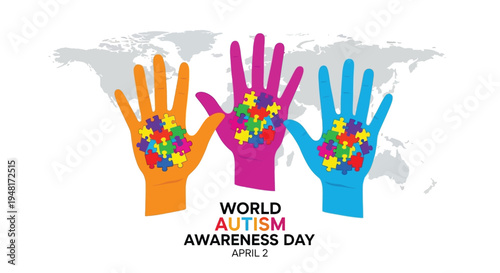 Colorful hands with puzzle pieces represent world autism awareness day