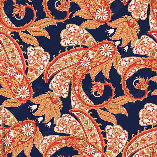 Turkish Cucumber Paisley. Seamless vector pattern in traditional oriental style with flowers, leaves and fantasy elements. Fabric and wallpaper cover