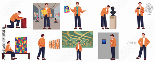 Flat Style Man Character Visiting Art Gallery Illustration Set with Poses