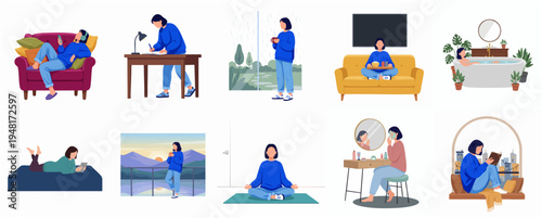 Simple Flat Illustration Set of Woman at Home Doing Different Activities