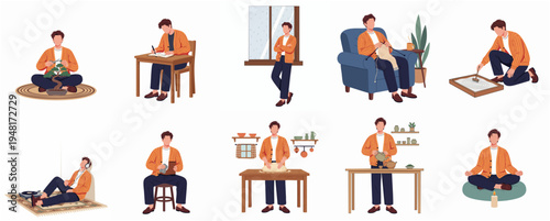 Simple Flat Man Doing Activity at Home Illustration Set