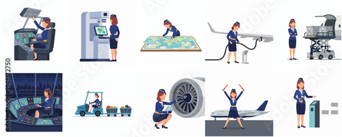 Illustrated Collection of Airport Ground Staff Activity and Airplane Maintenance