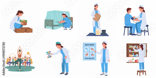 Flat Style Detailed Female Doctor and Health Worker Illustration Set