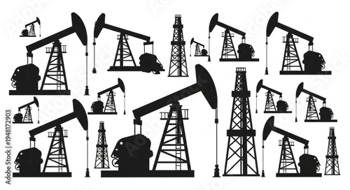 Silhouette of Oil Pumps and Drilling Rigs - Energy Industry Landscape.