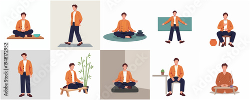 Minimalist Flat Illustration Set of Man Practicing Meditation in Different Poses