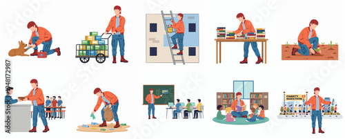 Flat Style Various Man Doing Different Jobs and Activities Illustration Set