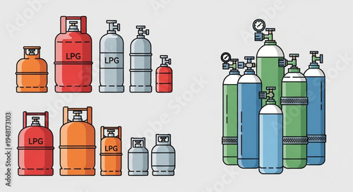 Various Gas Cylinders - LPG, Oxygen, and Industrial Gases for Diverse Applications.