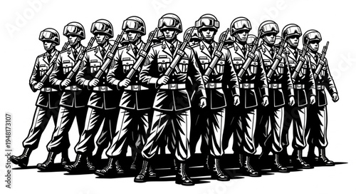Monochrome Illustration of a Military Unit in Formation.