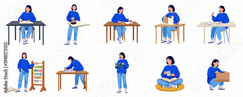 Diverse Flat Illustration Set of Woman Doing Different Activities Everyday Life