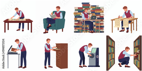 Flat Illustration Librarian Man Activity at Library Book Collection