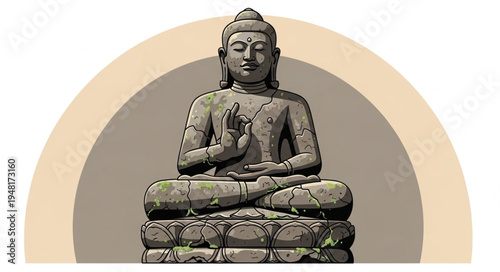 Serene Buddha Statue in Meditative Pose on Lotus Throne.
